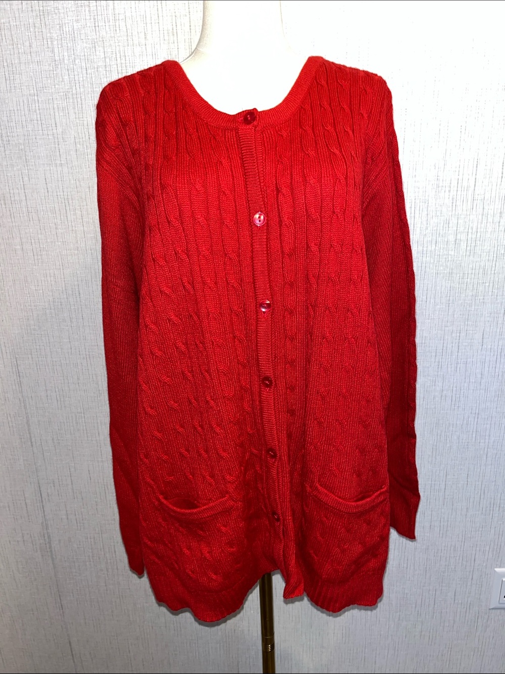 Allison Daley Bright Red Cable Cardigan with Pockets